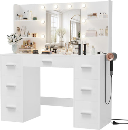 Vanity Desk with Mirror, LED Lights and Power Outlet Makeup Vanity Table with 7 Drawers and 6 Storage Shelves Dressing Table for Bedroom Dressing Room (White)