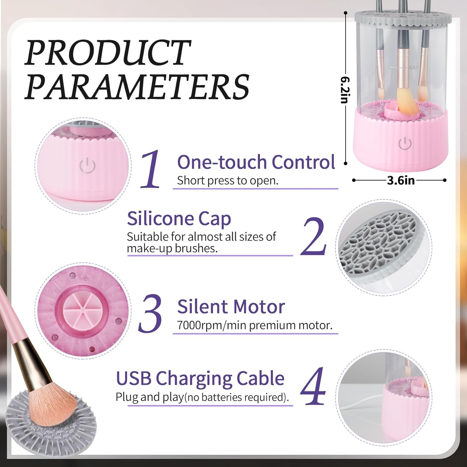 Electric Makeup Brush Cleaner, USB Make up Brush Washer, Cosmetic Brush Swirl Cleanser Tool, Quick Efficient Machine, Pink