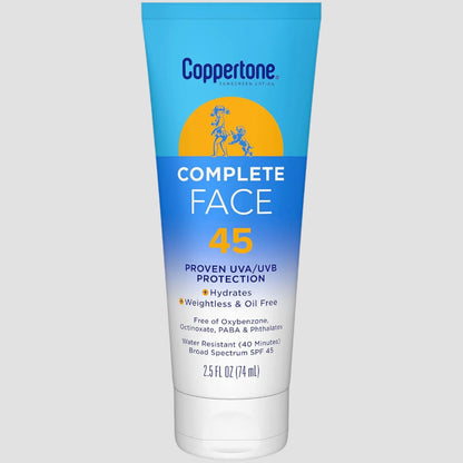 Complete Face Sunscreen Lotion SPF 45, Weightless and Oil-Free, Water Resistant Sunscreen with Proven UVA/UVB Protection, 2.5 Fl Oz Tube