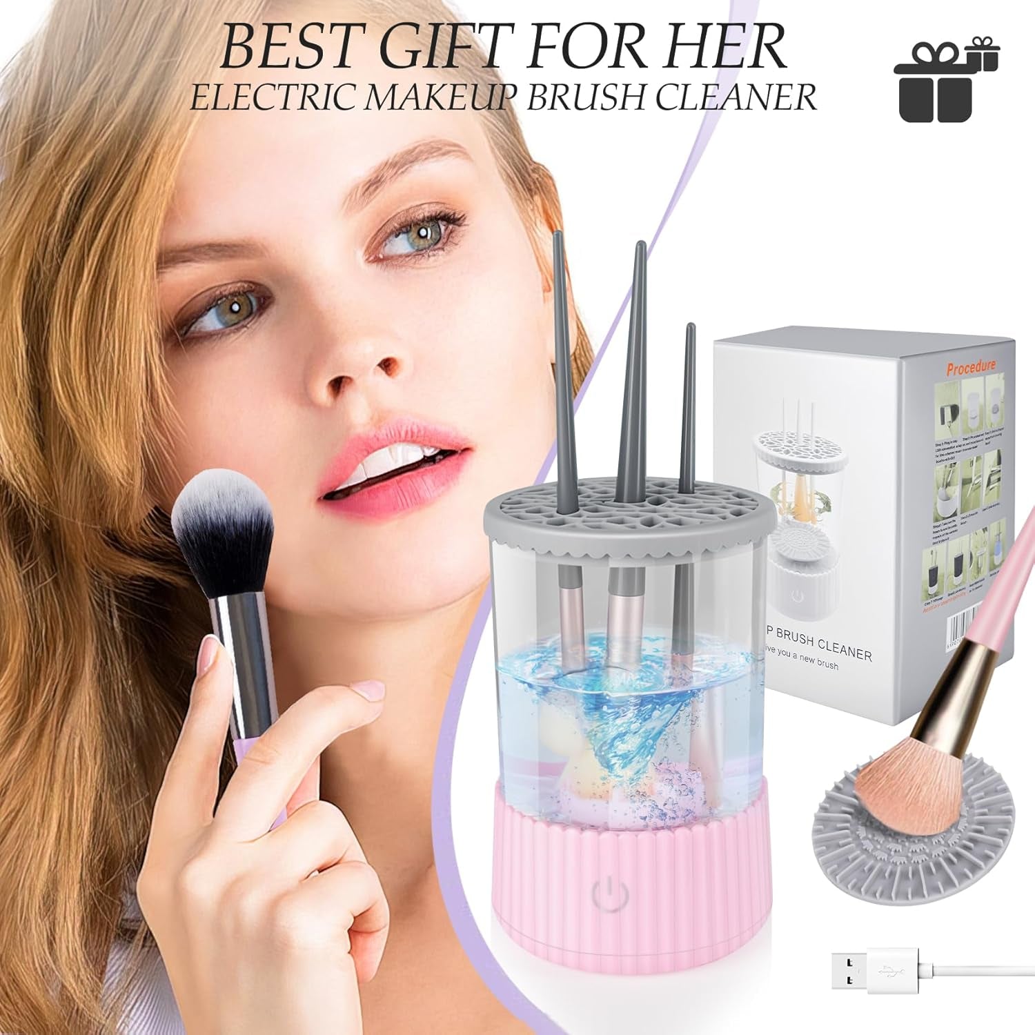 Electric Makeup Brush Cleaner, USB Make up Brush Washer, Cosmetic Brush Swirl Cleanser Tool, Quick Efficient Machine, Pink