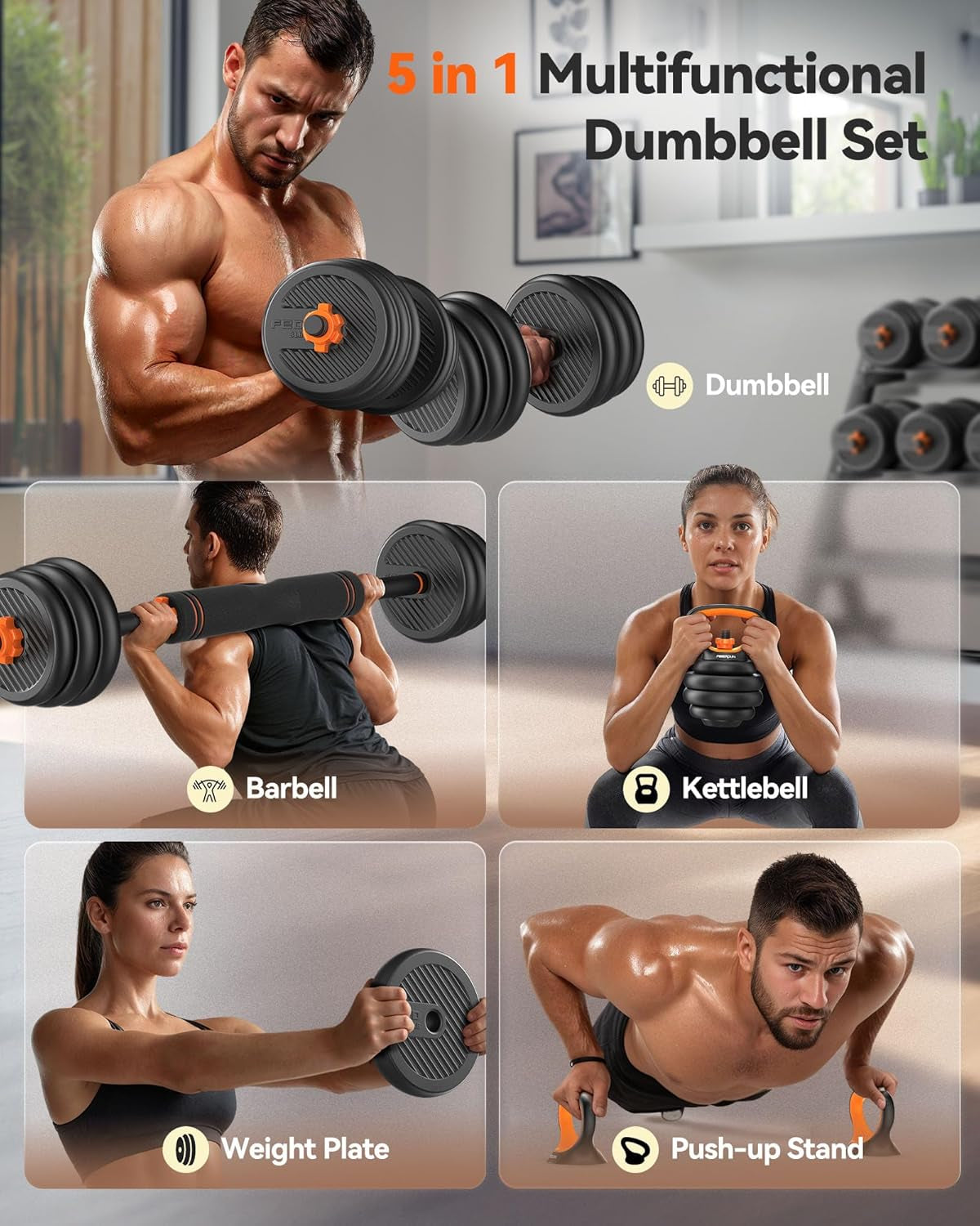 Adjustable Dumbbells, 20/30/40/45/70/90Lbs Free Weight Set with Connector, 5 In1 Dumbbells Set Used as Barbell, Kettlebells, Push up Stand, Weight Plate, Fitness Exercises for Home Gym Suitable Men/Women