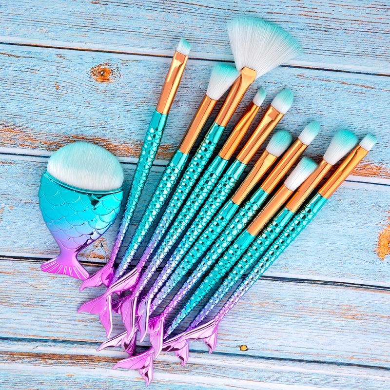 11PCS Mermaid Makeup Brush Set – Foundation, Eyebrow, Eyeliner & Cosmetic Tools | Soft Bristles, Stylish Design & Perfect for Beginners & Professionals