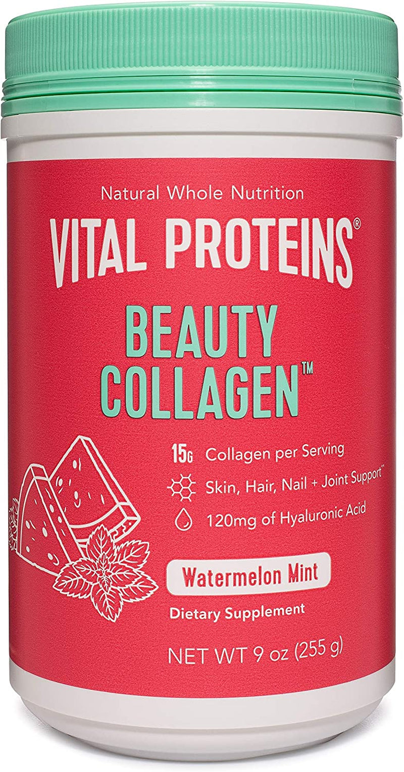 Beauty Collagen Peptides Power Supplement for Women, 120Mg of Hyaluronic Acid - 15G of Collagen per Serving - Enhance Skin Elasticity and Hydration - Watermelon Mint - 9Oz Canister