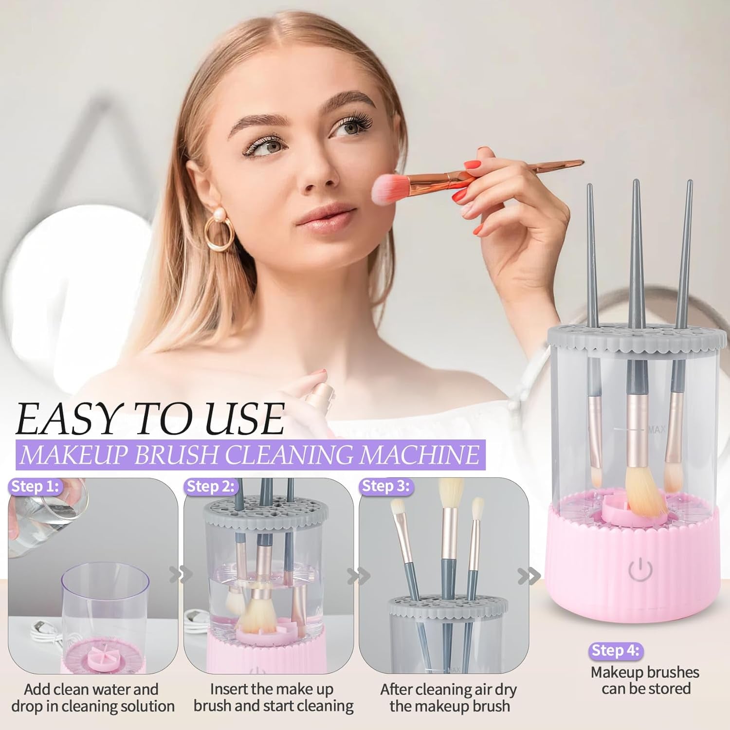 Electric Makeup Brush Cleaner, USB Make up Brush Washer, Cosmetic Brush Swirl Cleanser Tool, Quick Efficient Machine, Pink