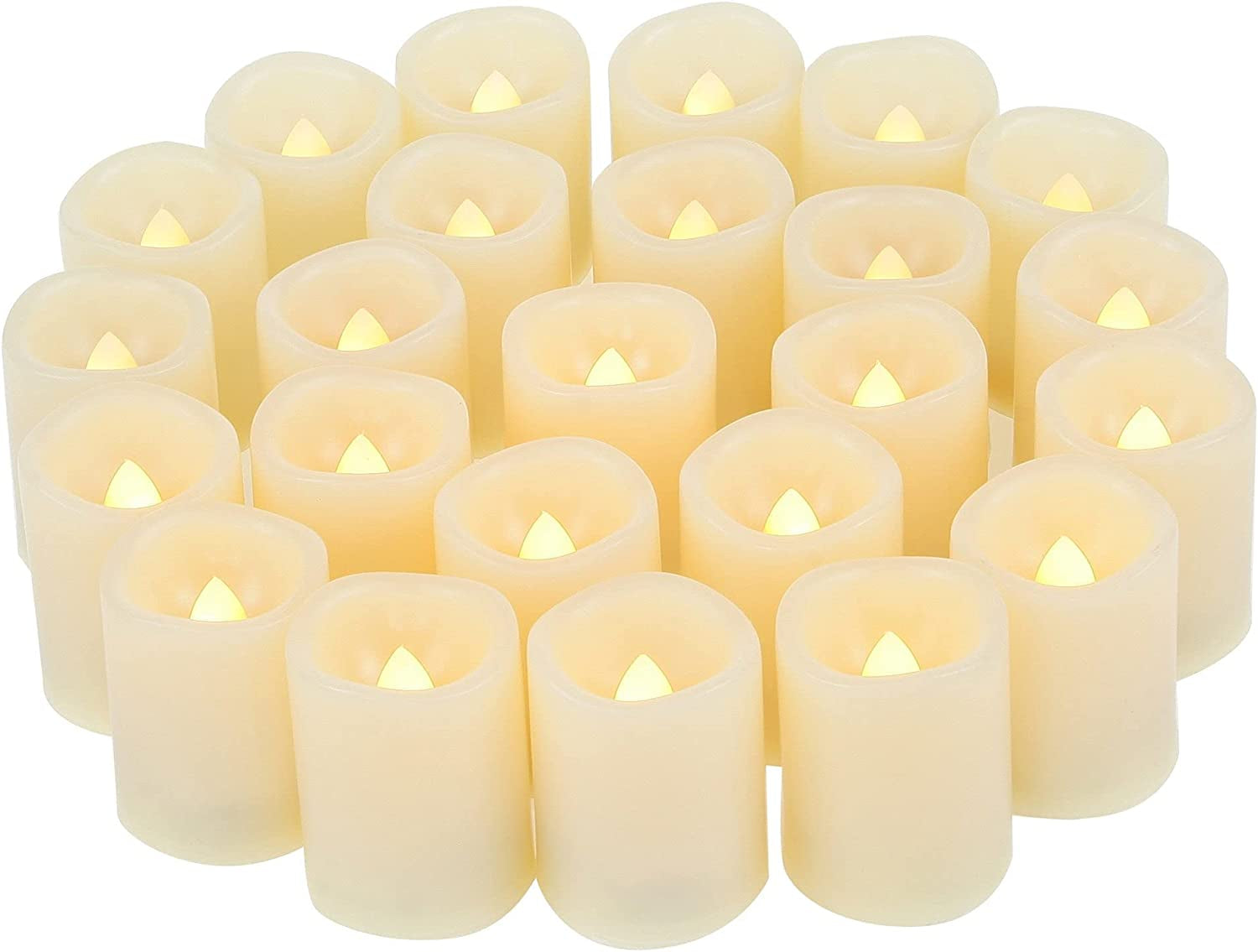 Battery Operated Flameless Votive Candles Realistic Flickering Fake Electric LED Tea Lights Set Bulk Wedding Party Halloween Christmas Decorations Table Centerpieces Batteries Incl 24PCS