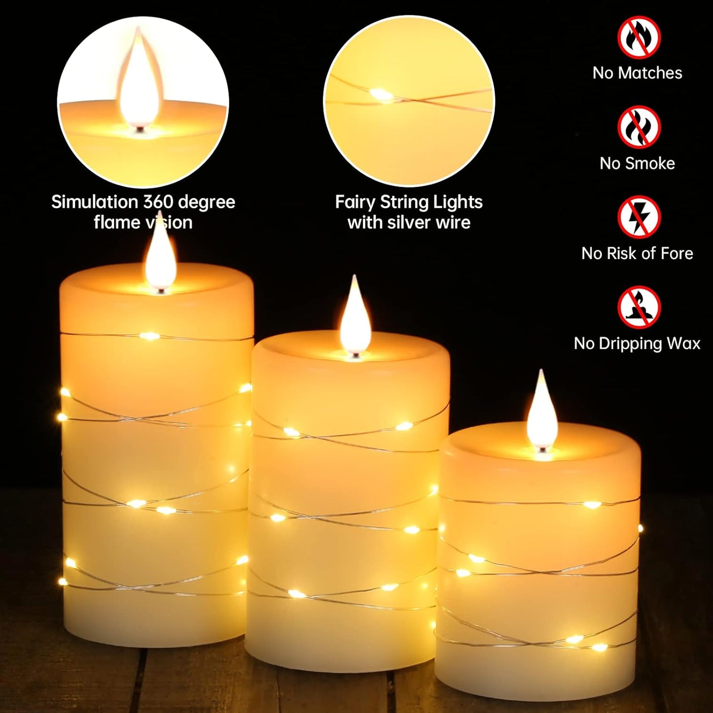 Flameless Candles with String Lights，Battery Operated Candles,Led Flickering Candles with Remote Control and Timer, Real Wax, 3 Pack-Ivory White