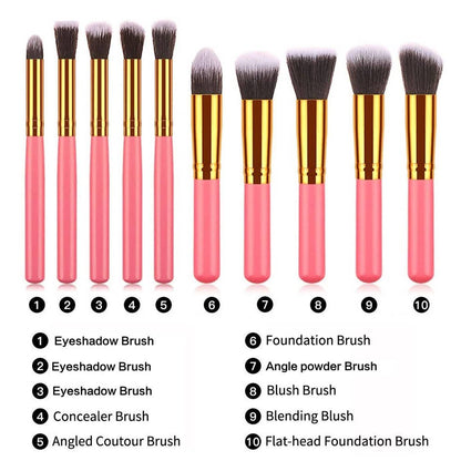 10-Piece Golden Makeup Brush Set with Elegant Bag for Flawless Application