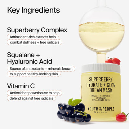 Superberry Hydrate + Glow Dream Mask, Vitamin C Face Moisturizer, Plumps + Brightens Skin, Treats Dullness + Uneven Tone, Vegan