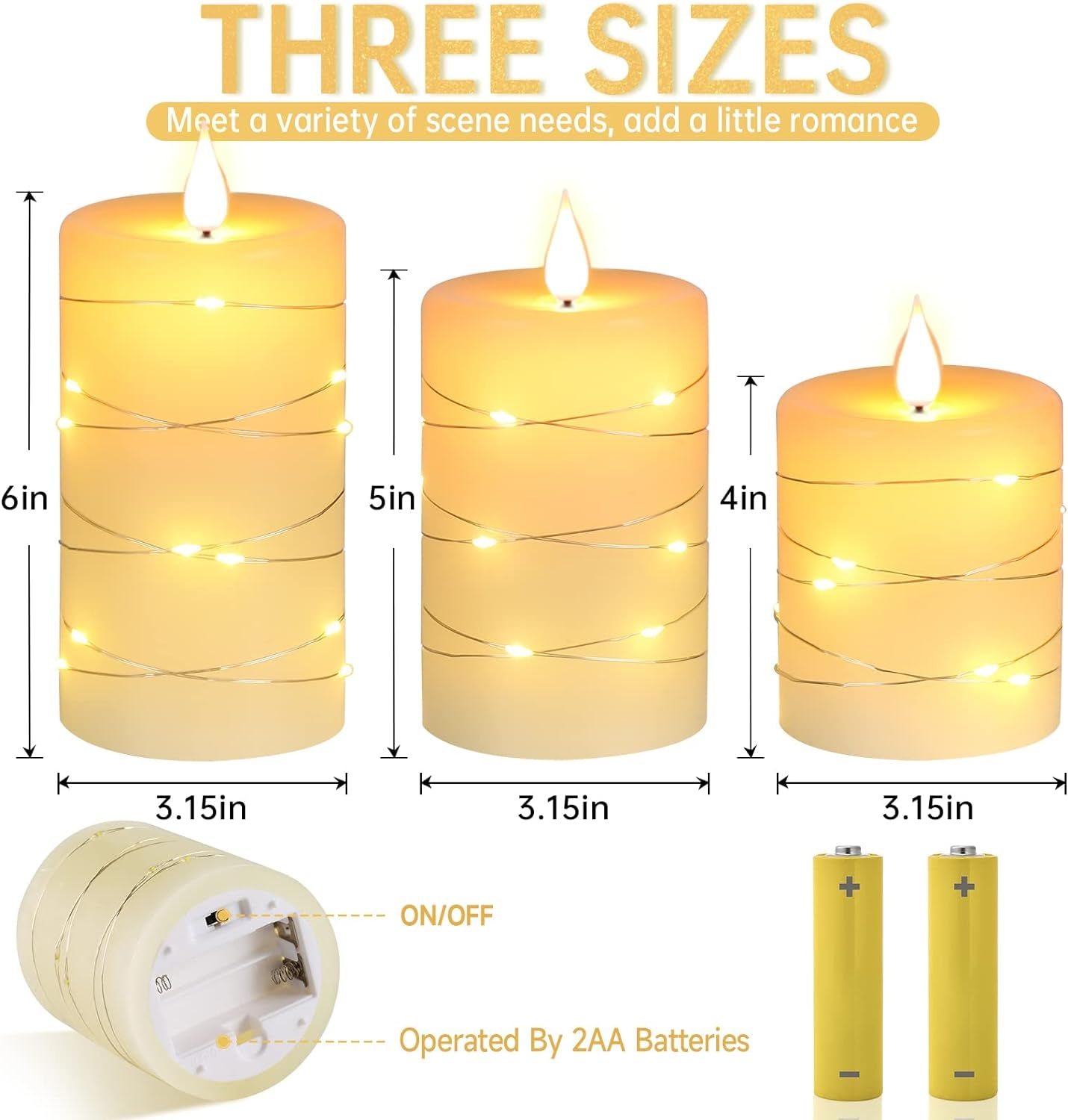 Flameless Candles with String Lights，Battery Operated Candles,Led Flickering Candles with Remote Control and Timer, Real Wax, 3 Pack-Ivory White