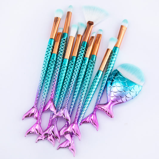 11PCS Mermaid Makeup Brush Set – Foundation, Eyebrow, Eyeliner & Cosmetic Tools | Soft Bristles, Stylish Design & Perfect for Beginners & Professionals