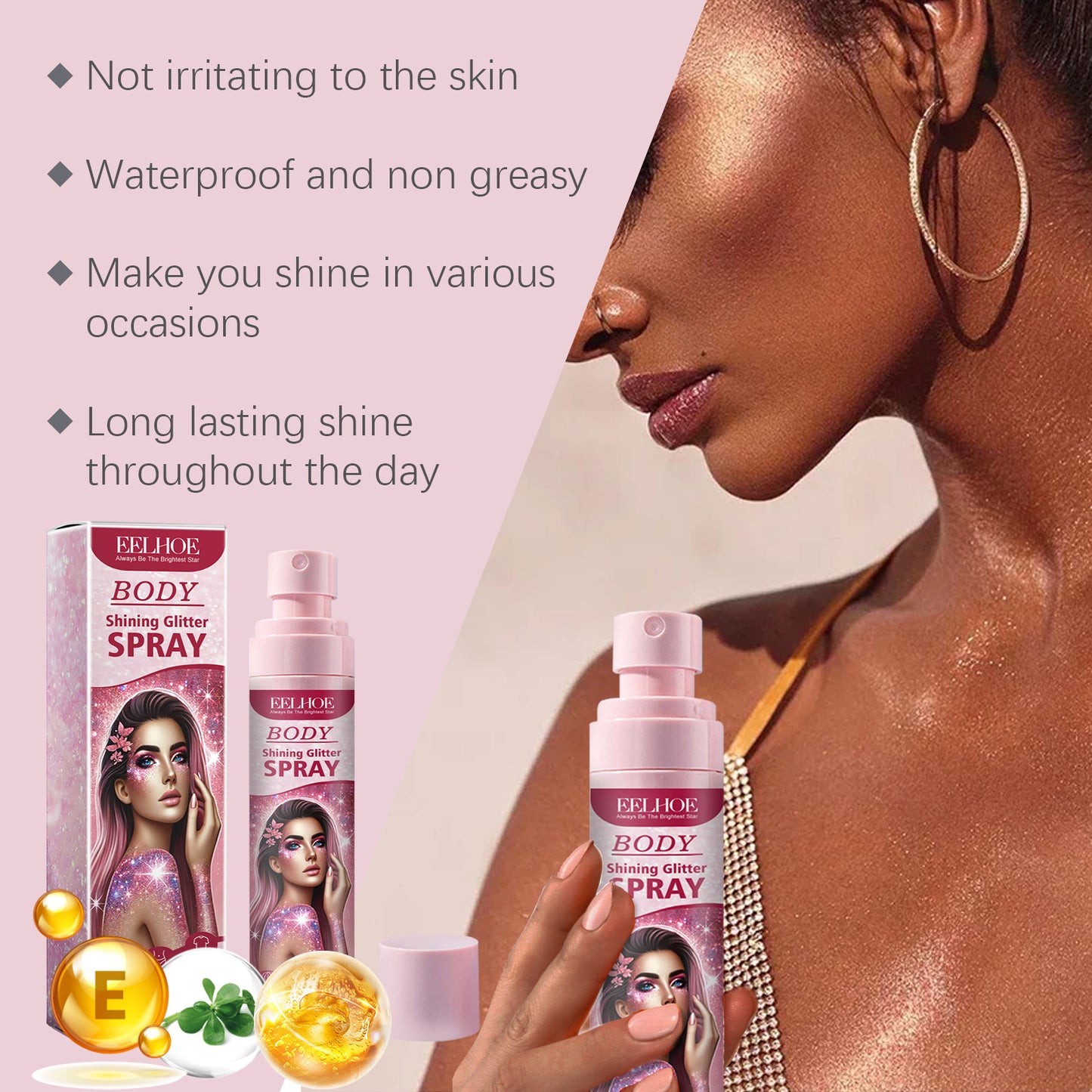 EELHOE Glitter Highlighter Spray – Long-Lasting Shimmer & Natural Glow for Face & Body