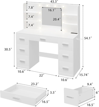 Vanity Desk with Mirror, LED Lights and Power Outlet Makeup Vanity Table with 7 Drawers and 6 Storage Shelves Dressing Table for Bedroom Dressing Room (White)