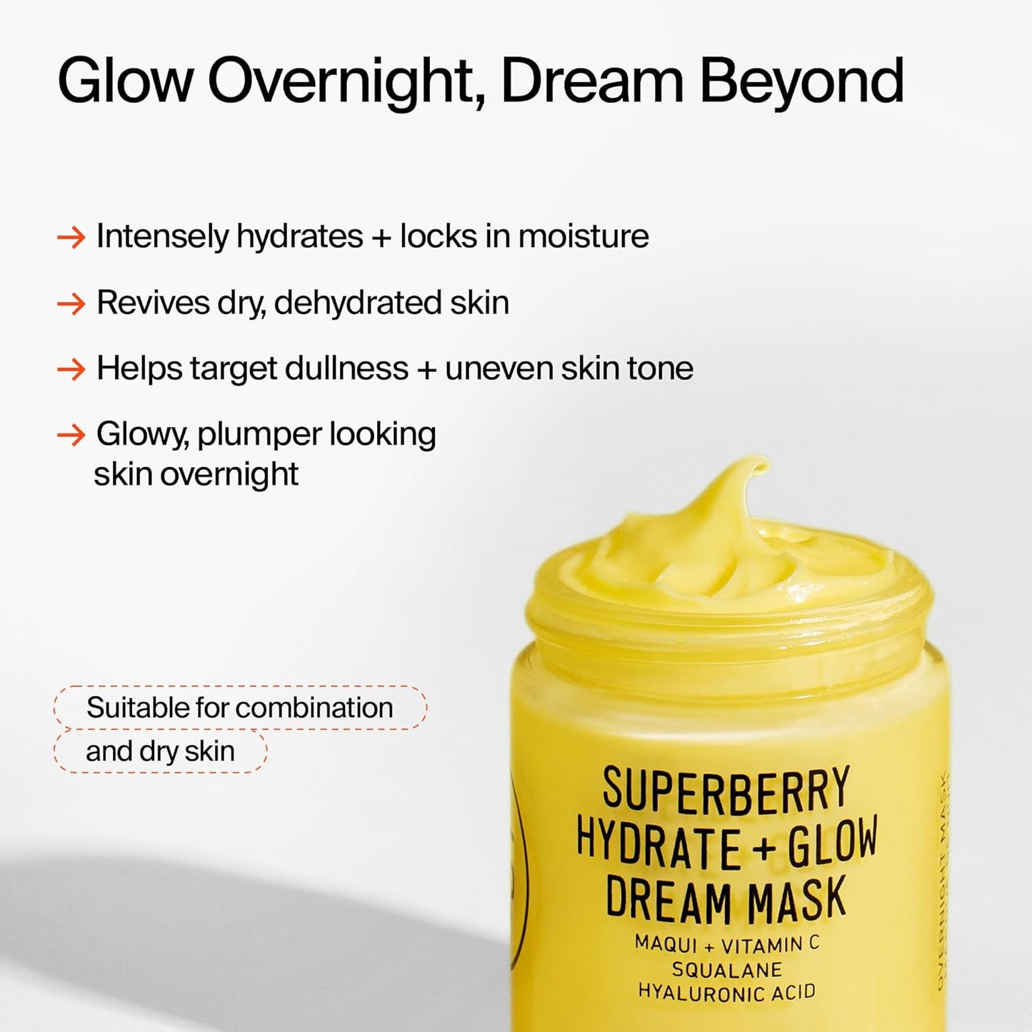 Superberry Hydrate + Glow Dream Mask, Vitamin C Face Moisturizer, Plumps + Brightens Skin, Treats Dullness + Uneven Tone, Vegan