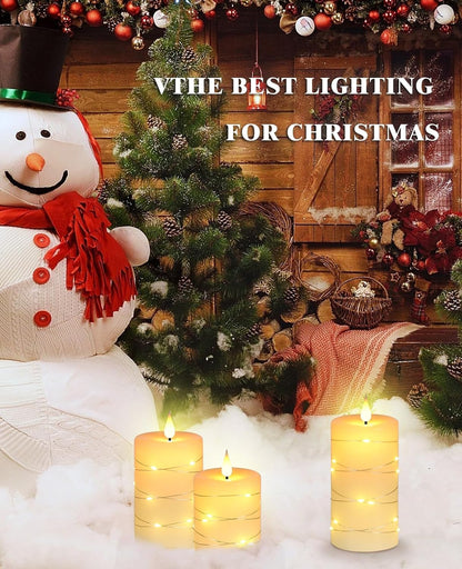 Flameless Candles with String Lights，Battery Operated Candles,Led Flickering Candles with Remote Control and Timer, Real Wax, 3 Pack-Ivory White