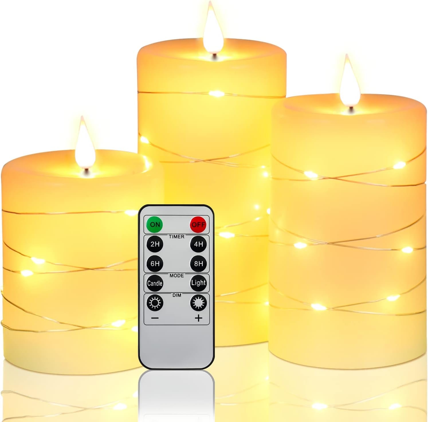 Flameless Candles with String Lights，Battery Operated Candles,Led Flickering Candles with Remote Control and Timer, Real Wax, 3 Pack-Ivory White