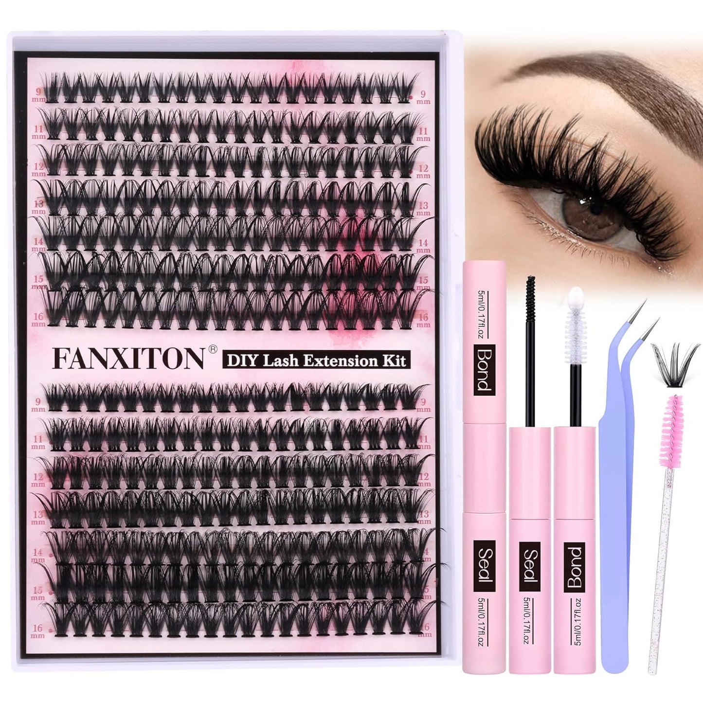 DIY Lash Extension Kit Volume Lash Clusters 40D+50D D Curl Individual Lashes Lash Clusters Kit Thick Eyelash Extension Kit 280 Pcs Thin Band Cluster Lashes Lash Bond and Seal Lash Tweezers