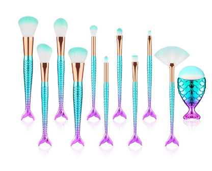 11PCS Mermaid Makeup Brush Set – Foundation, Eyebrow, Eyeliner & Cosmetic Tools | Soft Bristles, Stylish Design & Perfect for Beginners & Professionals