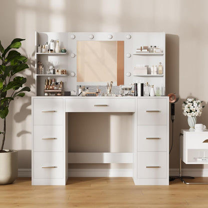 Vanity Desk with Mirror, LED Lights and Power Outlet Makeup Vanity Table with 7 Drawers and 6 Storage Shelves Dressing Table for Bedroom Dressing Room (White)